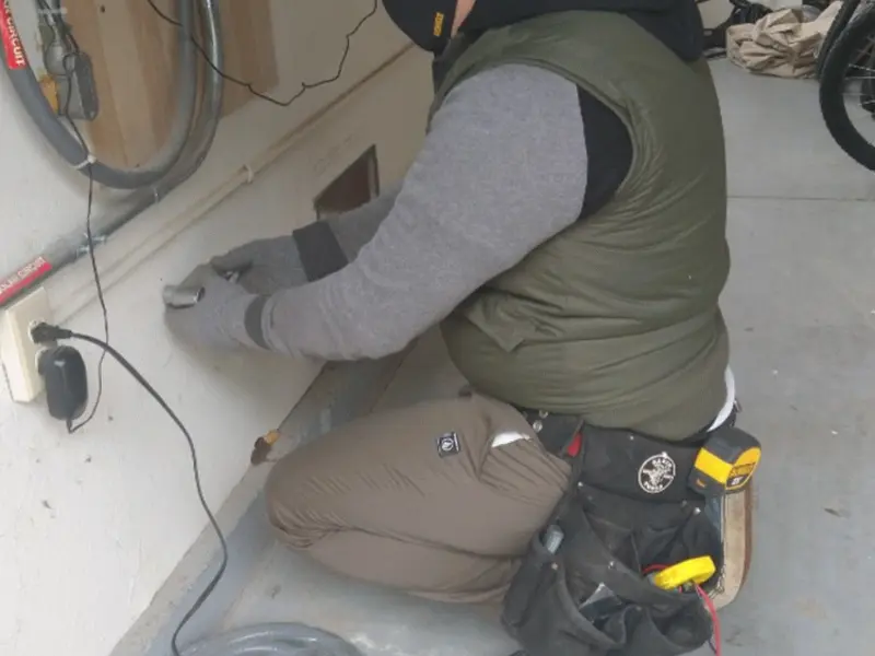 Electrician performing outlet wiring in a Thibodaux garage